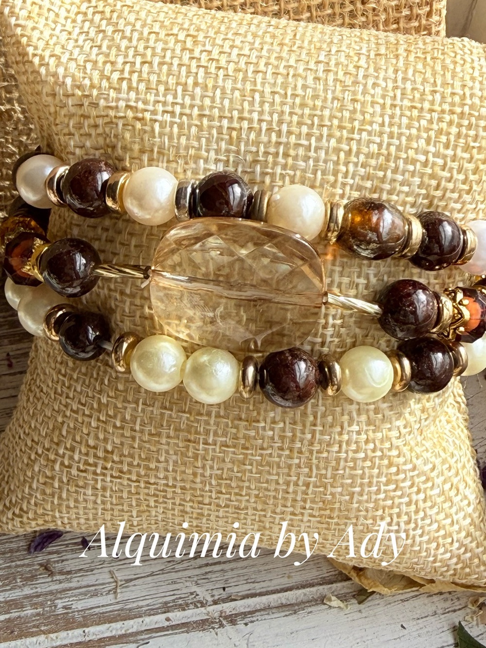 Garnet Brown, Cream and Gold Triple-Row Beaded Bracelet